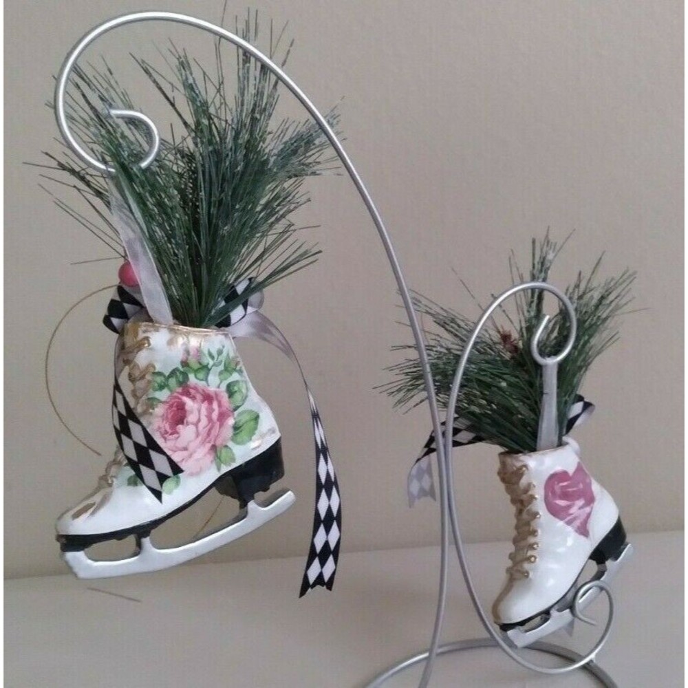 Whimsical Pair of Resin Ice Skate Christmas Ornaments 4 x 6 " Hand Painted by me